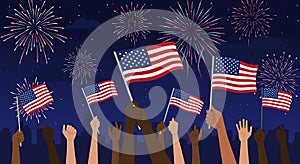 Celebration Fireworks American Flags Night Scene