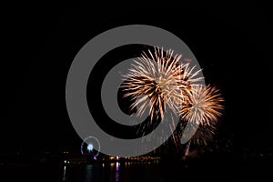 Celebration fireworks countdown 2021 at ASIATIQUE The Riverfront, Colourful of fireworks on the river in Bangkok countdown