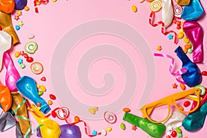 Celebration Flat lay. Candy with colorful party items on pink ba