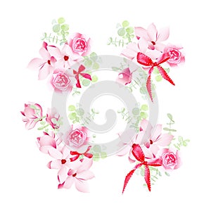 Celebration floral bunches with red bows vector design objects