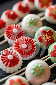 celebration of the Founding Day of the State of Japan, traditional Japanese sweets on a stick, close-up, treats