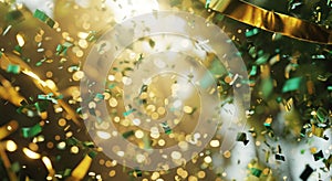 celebration frame in white background with green, yellow and green confetti