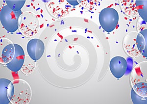 Celebration happy birthday party banner with balloons and serpentine background with confetti party banner