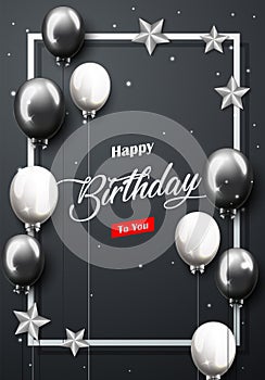 Celebration Happy Birthday Party Banner With Silver And Black Balloons