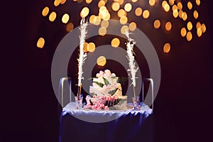 Celebration, holiday birthday cake with candles and fireworks, b