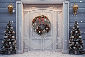 Celebration holiday wreath festive house entrance decorated christmas winter green home exterior background door