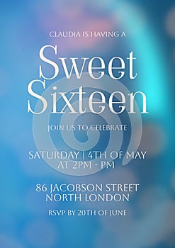 Celebration invitation, a soft blue bokeh background sets a dreamy tone for a Sweet Sixteen party