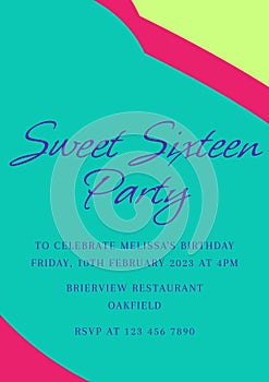 Celebration invitation, vibrant color blocks and elegant typography highlight a Sweet Sixteen party