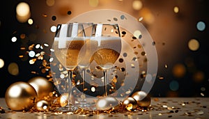 Celebration of joy, champagne bubbles illuminate dark winter night generated by AI