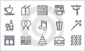 celebration line icons. linear set. quality vector line set such as confetti, party hat, drum, hamburger, stereo, wine, soda,