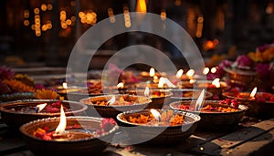 Celebration of love and spirituality, glowing candle illuminates dark night generated by AI