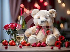 Celebration of Love: Teddy, Champagne, Roses, and Strawberries. Generative AI