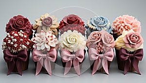 Celebration of love wedding bouquet, pink flowers, sweet dessert generated by AI