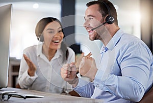 Celebration, man and woman with headset, winner and success of target, telemarketing and notification on computer
