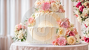 celebration multi-tiered cream holiday cake, flowers bridal table elegant decoration setting