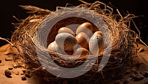 Celebration of new life bird nest, eggs, and rustic decoration generated by AI