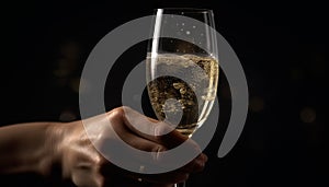 Celebration night, champagne toast, hand holding glass, black background generated by AI