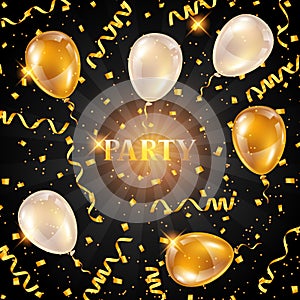 Celebration party background with golden balloons and serpentine. Greeting, invitation card or flyer