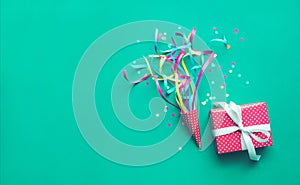 Celebration,party backgrounds concepts ideas with colorful confetti,streamers and gift box