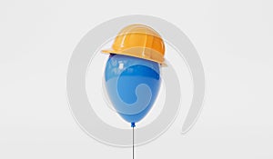 Celebration party balloon wearing a yellow construction hard hat. labor day background. 3D Rendering