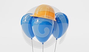 Celebration party balloon wearing a yellow construction hard hat. labor day background. 3D Rendering