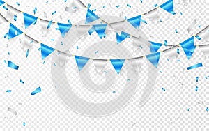 Celebration party banner. Blue and silver foil confetti and flag garland. Vector illustration