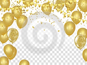 Celebration party banner with golden balloons and serpentine the