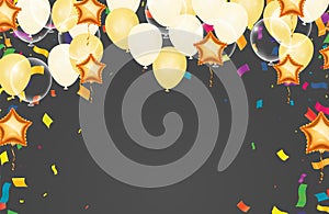 Celebration party banner with golden balloons and serpentine