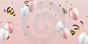 Celebration party banner with pink balloons background.