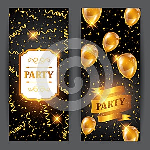 Celebration party banners with golden balloons and serpentine. Greeting, invitation card or flyer