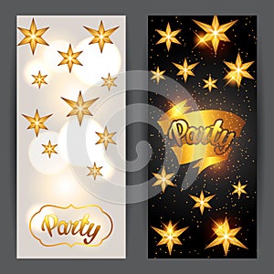 Celebration party banners with golden stars. Greeting, invitation card or flyer