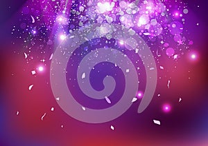 Celebration, party event, stars dust and confetti falling, scatter, explosion sparkle glowing purple concept abstract background photo