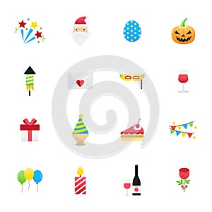 Celebration Party Icons. Set of Happy Holidays Icons Vector Illustration Color Icons Flat Style.