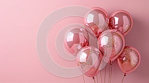 Celebration in Pastel: Rose Gold Foil Balloons on Pink Background for Party, Birthday, Wedding, Anniversary or Special Occasion