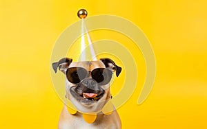 Celebration poster. Cute dog in party hat and sunglasses over yellow background. AI Generative