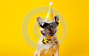 Celebration poster. Cute dog in party hat and sunglasses over yellow background. AI Generative