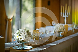 Celebration seating on wedding, table decorations with flowers for party or wedding