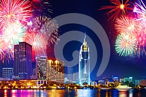 Celebration. Skyline fireworks in city. Cityscape, urban landscape. Holidays