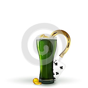 Celebration and st patricks day concept - glass of green beer with foam, horseshoe and gold coins and playing card 7 on table.