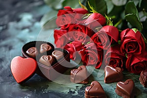 Celebration style of Valentine day roses and chocolate