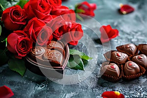 Celebration style of Valentine day roses and chocolate