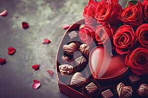 Celebration style of Valentine day roses and chocolate