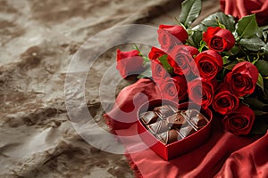 Celebration style of Valentine day roses and chocolate