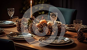 Celebration table decoration, candlewood material, drink indoors winter plate night food generated by AI photo