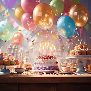 Celebration tableau Birthday cake, candles, and balloons create festive ambiance