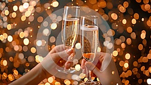 Celebration toast. Champagne glasses with gold sparkle bokeh. champagne bubbles in glasses on a festive blurred