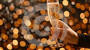 Celebration toast. Champagne glasses with gold sparkle bokeh. champagne bubbles in glasses on a festive blurred