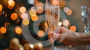 Celebration toast. Champagne glasses with gold sparkle bokeh. champagne bubbles in glasses on a festive blurred