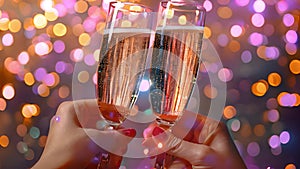 Celebration toast.Champagne glasses with golden and pastel glitter decoration and pink background. Celebration party