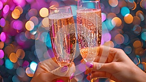 Celebration toast.Champagne glasses with golden and pastel glitter decoration and pink background. Celebration party